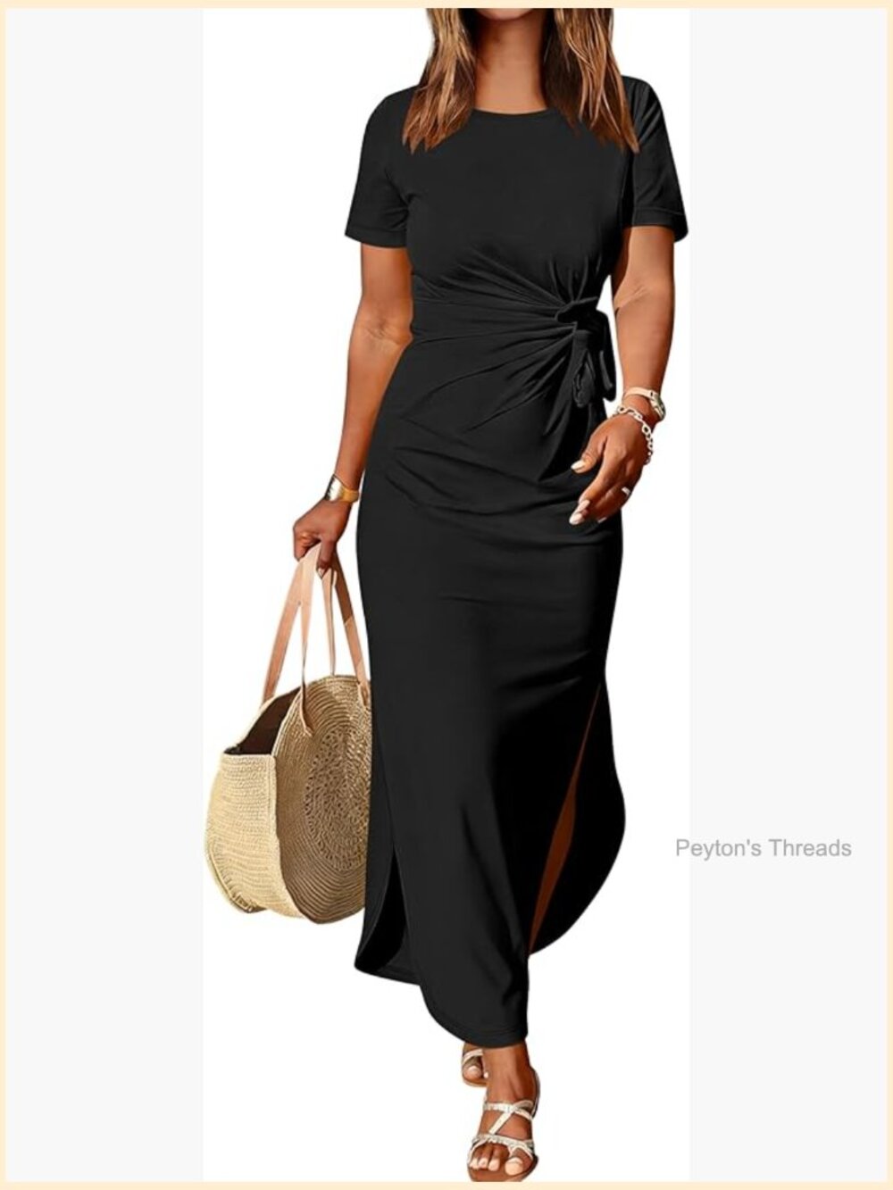 Womens Summer Maxi Dress Casual Short Sleeve Tie Waist Split Long Tshirt Dresses